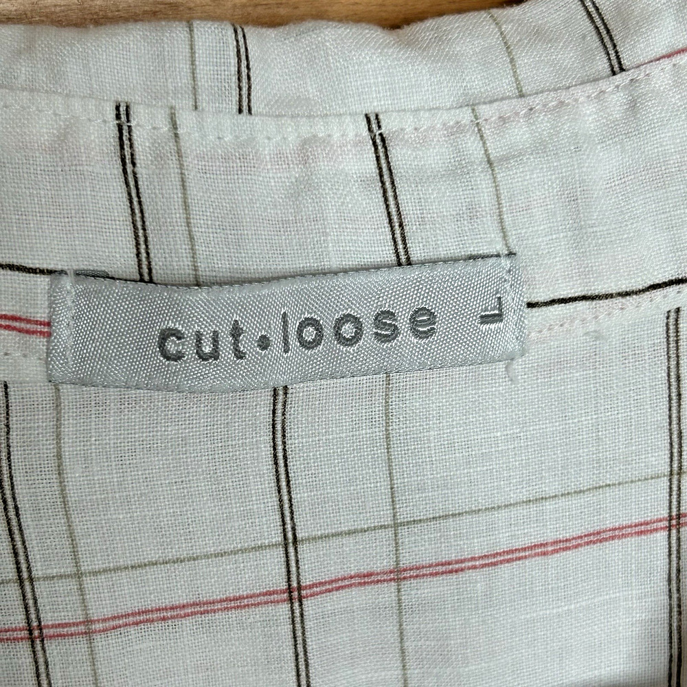 Cut Loose Long Linen Tunic Shirt Size L White Plaid Button Up - Picture 4 of 6